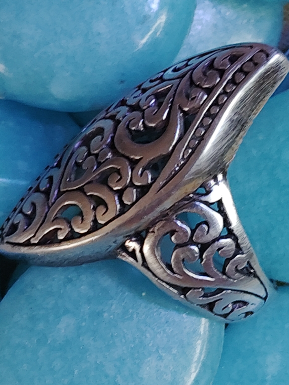 WAVE-FILIGREE, SOLID STERLING SILVER, ELONGATED, RING  VINTAGE-INSPIRED SIZE- 6